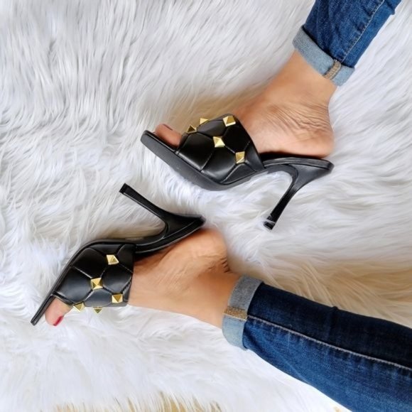 Women's Black Roman Stud Quilted Slide High Heel Sandals - Picture 2 of 6
